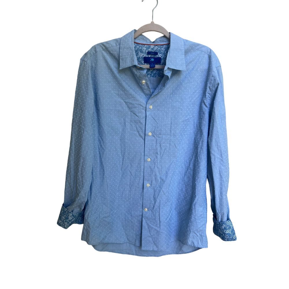 Egara Slim Fit Blue Micro Dot Texture Button Down Shirt Floral Cuffs Size Large‎